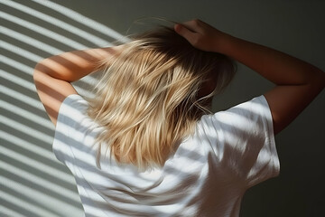 Fototapeta premium Blonde Woman Holds Hair in Sunlight with Striped Shadows from Blinds Cast on Wall