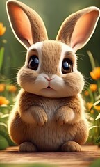 Cute brown bunny Big blue eyes Modern 3d cartoon style Floral field background Farm animal for kids Gray background Generative AI