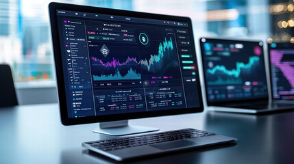 digital banking dashboard displaying cryptocurrency trends and analytics, featuring vibrant graphs and data visualizations. interface showcases real time market fluctuations and user friendly
