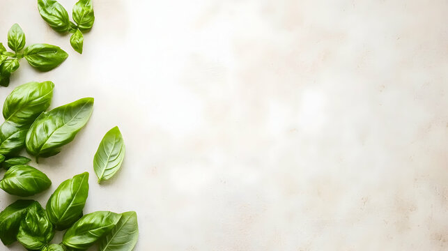 Fresh basil leaves on beige background; cooking ingredient; recipe template; food blog; culinary website