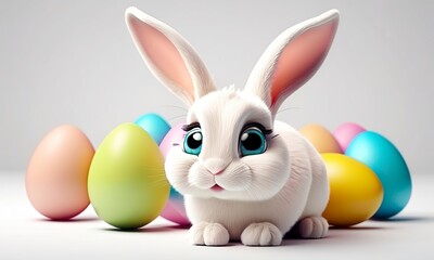 White Easter bunny and eggs Big blue eyes Modern 3d cartoon style White background Farm animal for kids Generative AI