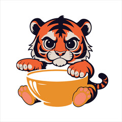 A playful cartoon cub with orange and black stripes, reminiscent of a wild tiger, playfully clutches a tiny white cup