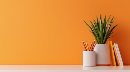 Modern workspace featuring a vibrant orange wall, a minimalist white plant pot with faux greenery, and colorful pencils in a sleek container next to stacked books for a stylish aesthetic