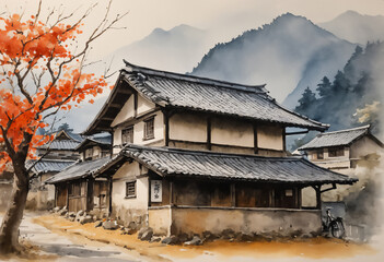 秋の日本の山村にある家,AI画像,Generative AI