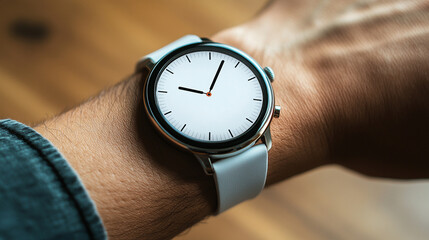 A blank round smartwatch on a wrist with an empty screen, minimalistic style, modern design, bright tone, blurred background, and space for captions, emphasizing simplicity and futuristic technology

