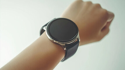 A blank round smartwatch on a wrist with an empty screen, minimalistic style, modern design, bright tone, blurred background, and space for captions, emphasizing simplicity and futuristic technology

