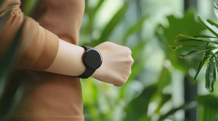 A blank round smartwatch on a wrist with an empty screen, minimalistic style, modern design, bright tone, blurred background, and space for captions, emphasizing simplicity and futuristic technology

