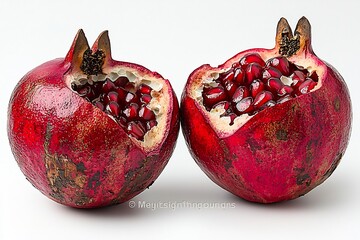 Vibrant red pomegranate cracked open slightly to reveal its glistening ruby red seeds on a white background