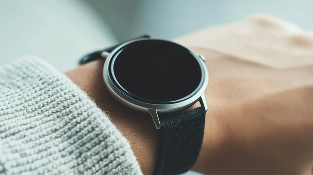 A blank round smartwatch on a wrist with an empty screen, minimalistic style, modern design, bright tone, blurred background, and space for captions, emphasizing simplicity and futuristic technology

