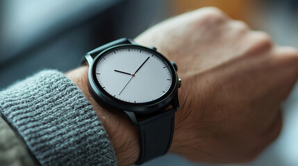 A blank round smartwatch on a wrist with an empty screen, minimalistic style, modern design, bright tone, blurred background, and space for captions, emphasizing simplicity and futuristic technology

