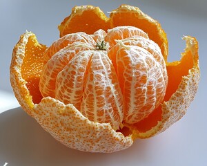 Whole bright orange tangerine with its textured peel intact sitting upright on a spotless white...