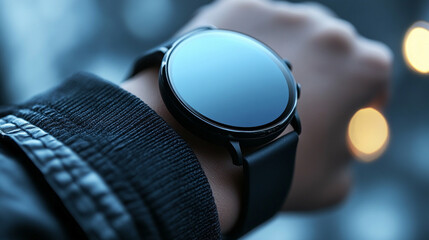 A blank round smartwatch on a wrist with an empty screen, minimalistic style, modern design, bright tone, blurred background, and space for captions, emphasizing simplicity and futuristic technology

