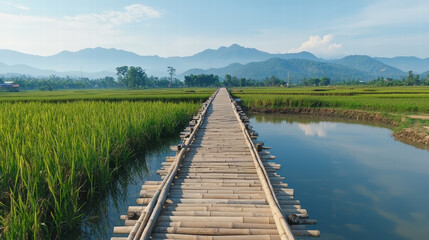 serene bamboo bridge crossing over lush rice paddies, surrounded by majestic mountains and clear blue skies, creating peaceful and picturesque landscape