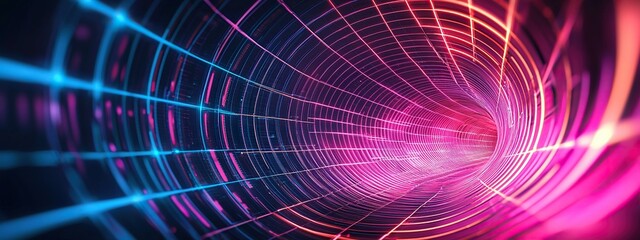 Fototapeta premium Explore the vibrant neon tones of an infinite digital tunnel with glowing lines