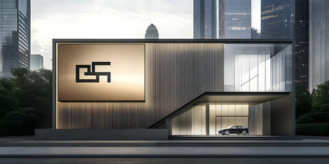 Fototapeta premium Modern Building Exterior Design with Large Sign and Car Parked Outside in City Setting