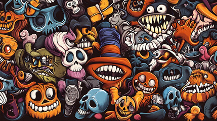 Obraz premium Halloween monster party illustration; spooky cartoon characters; festive background; ideal for holiday cards