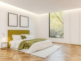 Modern Bedroom Interior Design Showcases a Cozy Bed and Nature View with Comfort and Style.