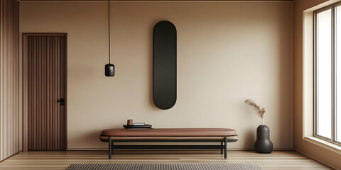 Modern hallway interior design showcases a stylish bench, a unique mirror, and a pendant light fixture, creating a welcoming entryway.