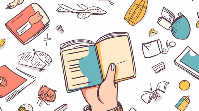 Hand holding open book amidst travel items; planning a trip; whimsical background illustration; ideal for travel blogs