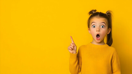 Obraz premium Surprised Girl Points Upward with an Idea on a Yellow Background