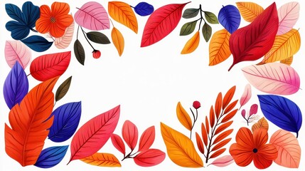 Vibrant Fall Leaves and Flowers in Red, Orange, Yellow, and Blue Surrounding a Blank Space for Text or Design Elements in a Colorful and Elegant Arrangement