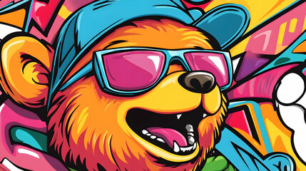 Happy bear in sunglasses, graffiti background, urban style, apparel design
