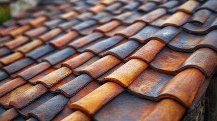 Rustic clay roof tiles, varied colors, textured surface.