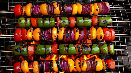 Colorful Vegetable Skewers Grilled on a Barbecue with Flames Below.