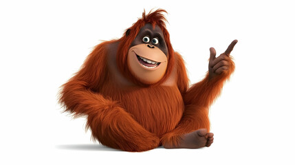 Happy Orangutan pointing, white background, cartoon style, ideal for children's books