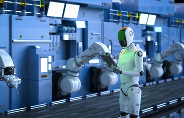 Automation factory with humanoid robot control robot assembly line in factory