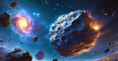 Massive Asteroid with Supernova and Galaxy Backdrop.
