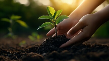 Fototapeta premium Hands planting a sapling at sunset