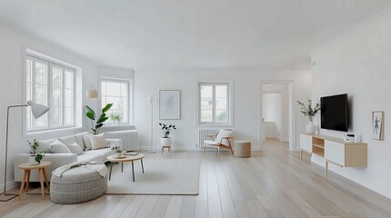 Fototapeta premium Serene Scandinavian Minimalist Apartment with Light Wood Floors and Natural Light
