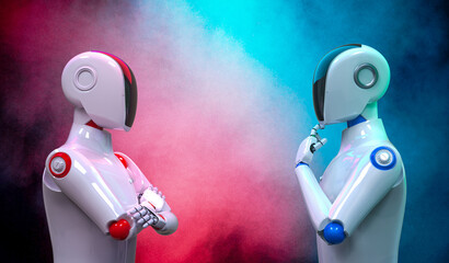 Technology confrontation concept with red and blue cyborg confront