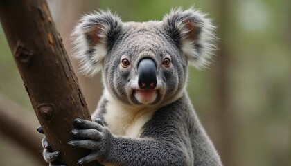 Naklejka premium Adorable Koala Bear on Tree Branch Closeup
