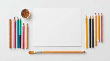 Creative Workspace with Blank Paper, a Variety of Colorful Pencils, a Brush, and A Bowl of Decorative Items Ready for Artistic Inspiration