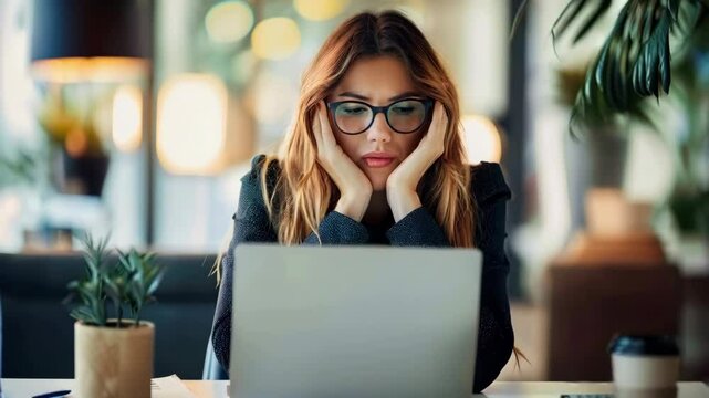 A young business woman with glasses covering her eyes looks tired as she sits at her desk in front of a laptop working on a computer in her office