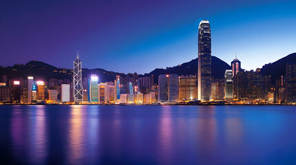 Hong Kong skyline at twilight, harbor reflection, cityscape panorama, urban travel