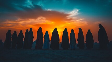Silhouetted Women Stand Against Vibrant Sunset Sky