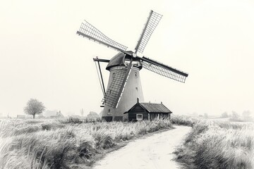 Windmill, small house, grassy field, country road.