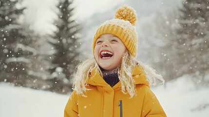 Joyful girl laughing in snowy mountains; winter wonderland background; perfect for holiday cards