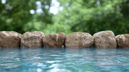 Tranquil rocks border calm water, lush green background, nature scene, spa or serenity imagery