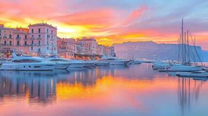 Naklejka premium Sunset over harbor town, yachts reflecting, mountains background, travel postcard