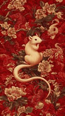 A white rat sits among vibrant floral patterns on a red background.