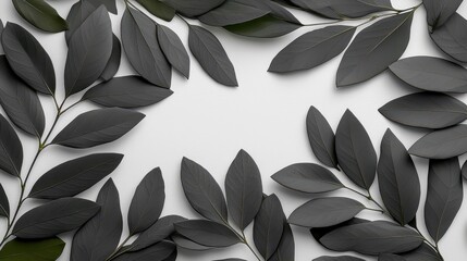 Obraz premium Elegant Arrangement of Dark Green Leaves on Soft White Background, Perfect for Nature Inspired Designs, Eco-Friendly Concepts, and Minimalistic Aesthetics