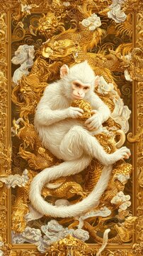 White monkey surrounded by ornate gold decorations and textures.