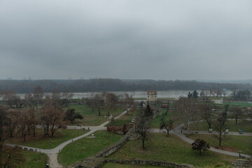 Scenic aerial Kalemegdan park vista with the confluence of Danube and Sava rivers in the background, Belgrade, Serbia