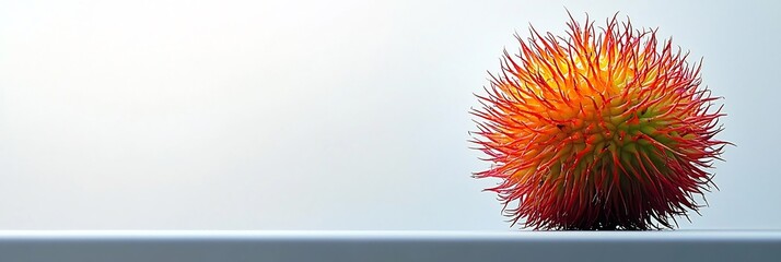 Whole rambutan its vibrant red and green spiky skin contrasting perfectly against white