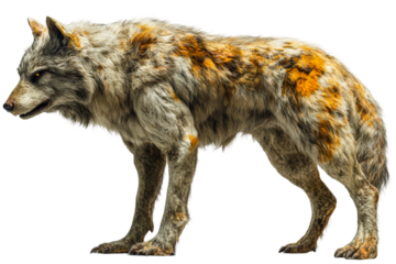 Detailed depiction of a unique wolf with distinct fur patterns in a natural setting isolated on transparent background