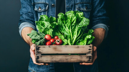 Man holding a wooden crate of fresh greens and tomatoes; dark background; healthy eating concept; for food blogs or recipe websites